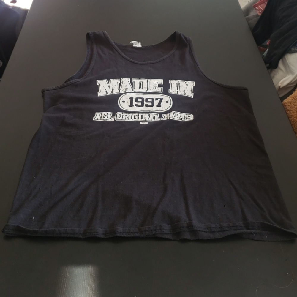 Black tank top with white lettering